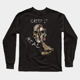 Halloween Funny Quote, Creep It Real Graphic Art Design Raven & Skull Long Sleeve T-Shirt